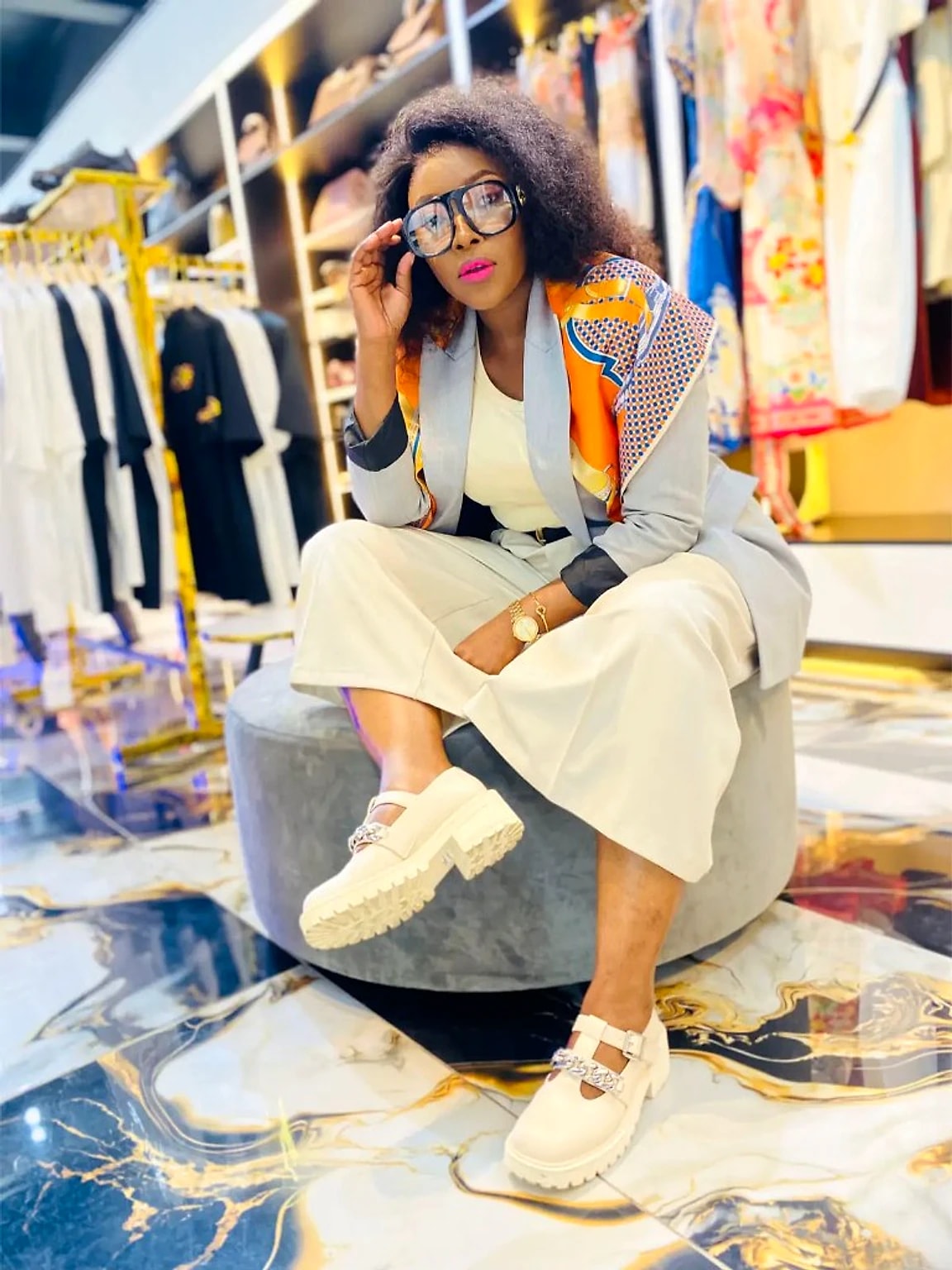 Soft tailoring: Blazer, silk scarf & culottes, styled at the MonacoLuxe store